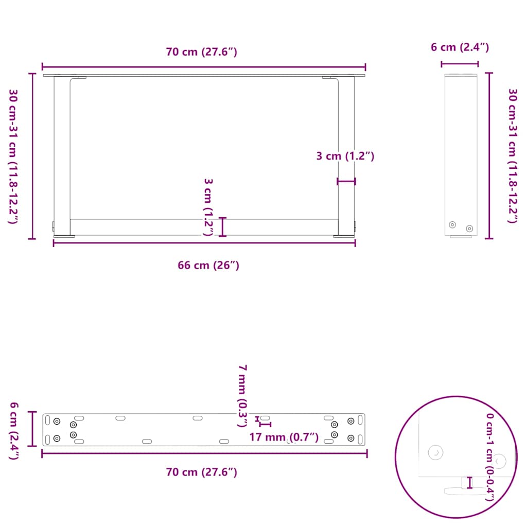 2 db U alakú fehér dohányzóasztal láb 70 x (30-31) cm acél