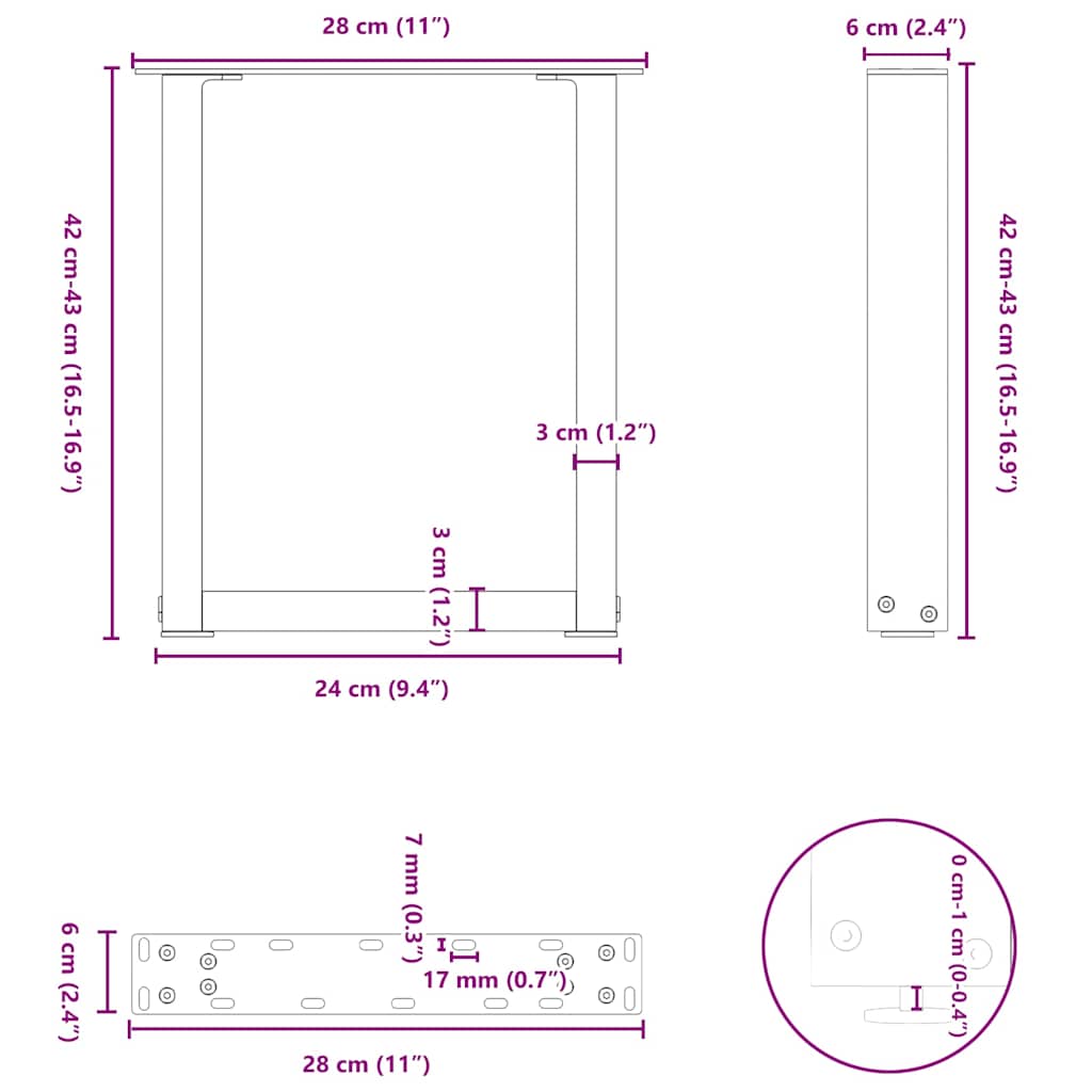 2 db U alakú dohányzóasztal láb fekete 28 x (42-43) cm acél dohányzóasztal láb