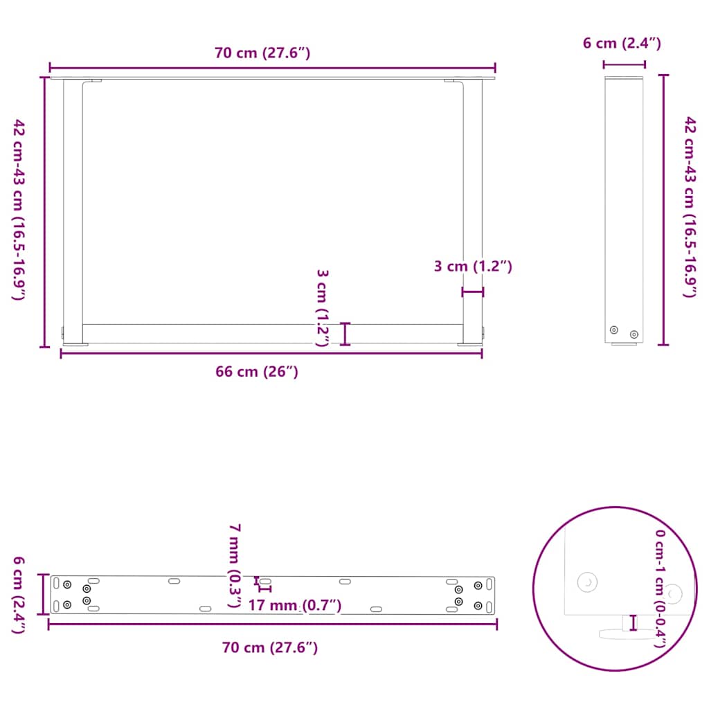2 db U alakú dohányzóasztal láb fekete 70 x (42-43) cm acél dohányzóasztal láb