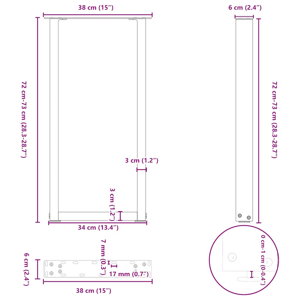 2 db antracitszürke U-alakú acél konzolasztal láb 38x(72-73) cm