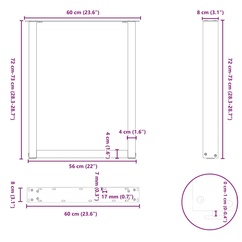 2 db U alakú étkezőasztal láb natúr acélból 60 x (72-73) cm