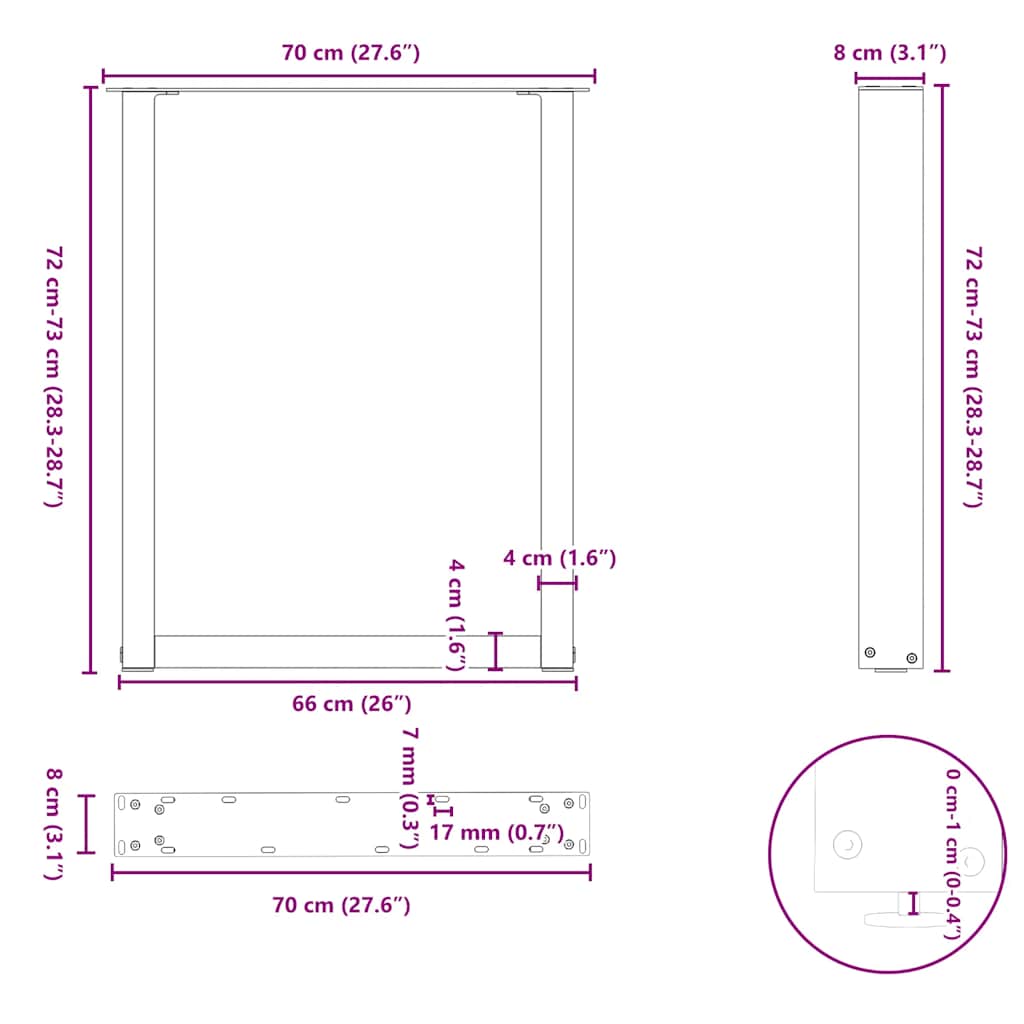 2 db U alakú étkezőasztal láb fekete, 70 x (72-73) cm acél