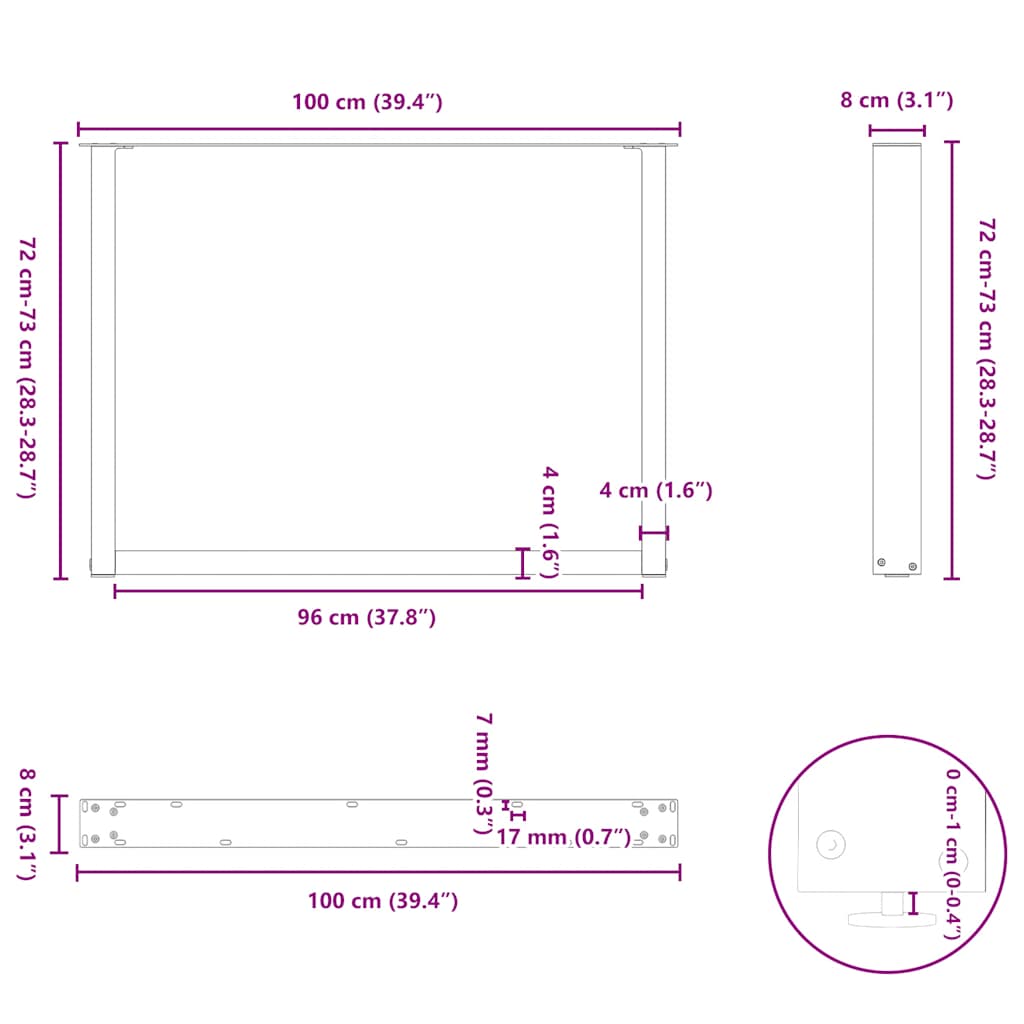 2 db antracitszürke, U alakú étkezőasztal láb 100 x (72-73) cm acél