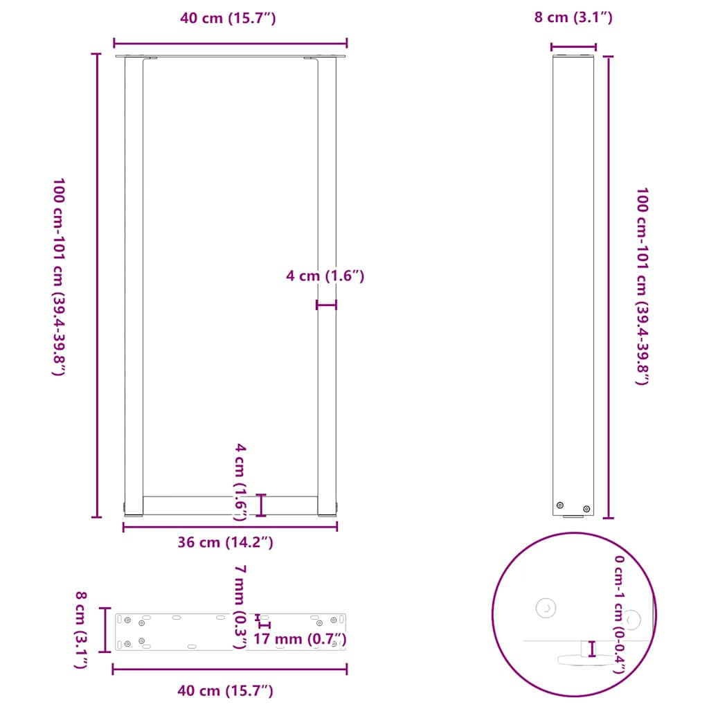 2 db U alakú bárasztalláb natúr acélból 40x(100-101) cm