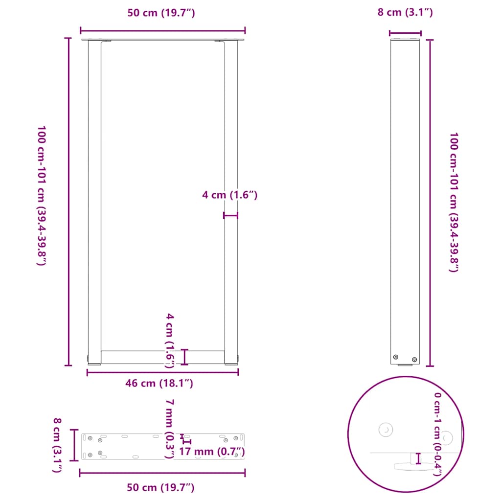 2 db U alakú bárasztalláb fehér 50x(100-101) cm acél