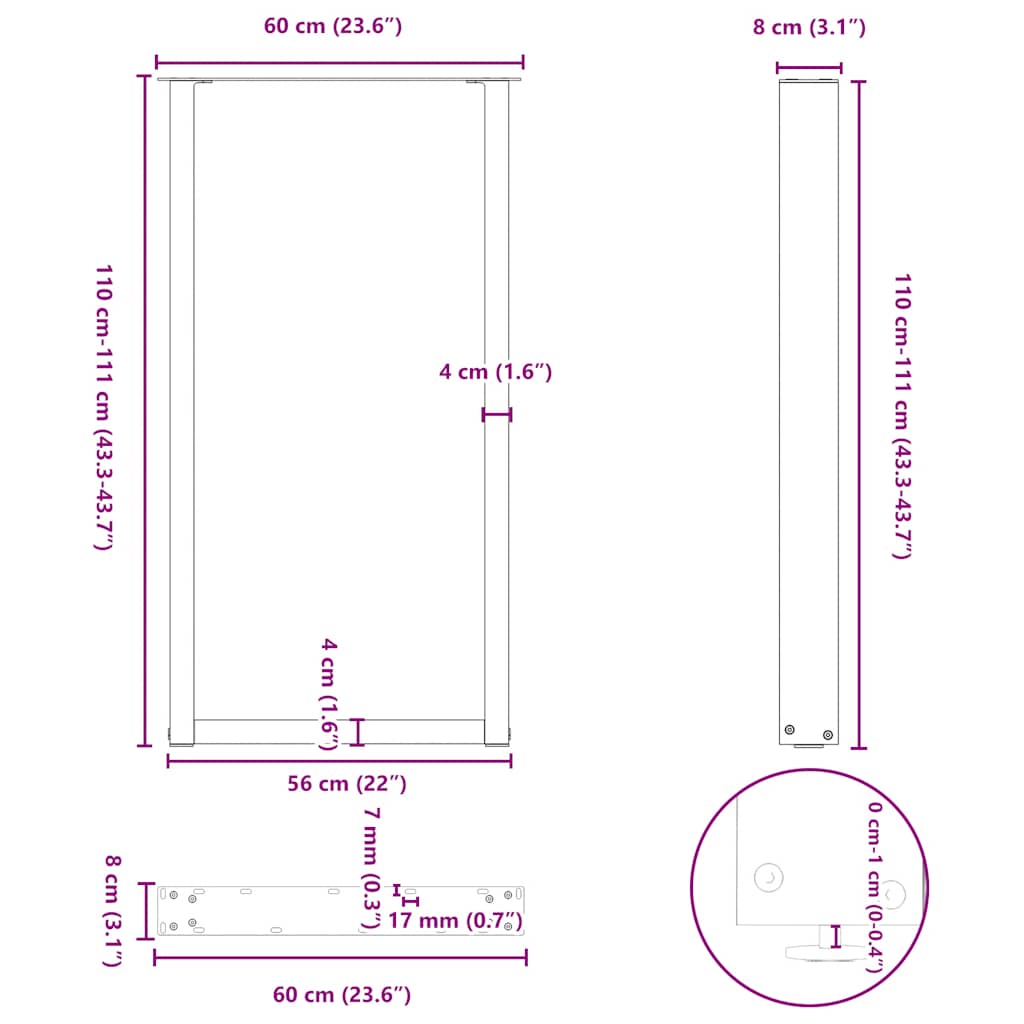 2 db fekete U alakú acél bárasztalláb 60 x (110-111) cm