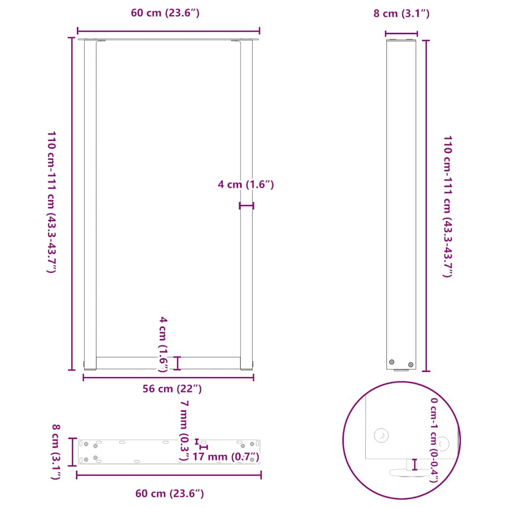2 db U alakú bárasztalláb, fehér, 60 x (110-111) cm, acél