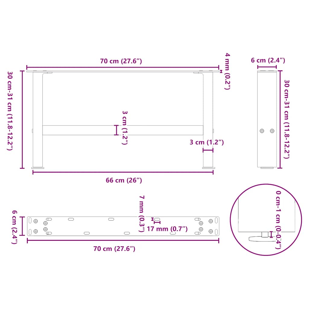 2 db fekete acél dohányzóasztal láb 70 x (30-31) cm