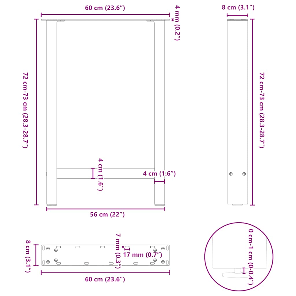 2 db antracitszürke acél étkezőasztalláb 60x(72-73) cm