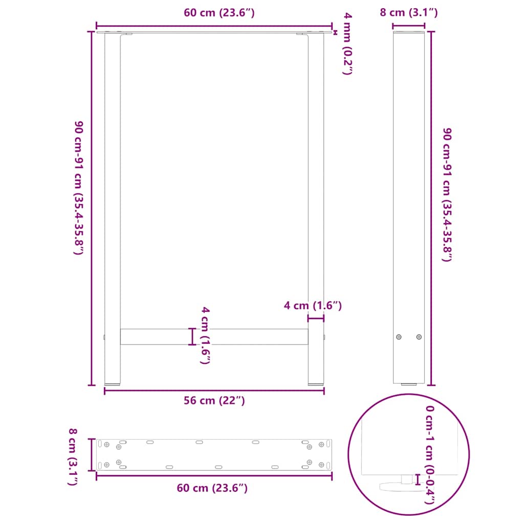 2 db fekete acél bárasztalláb 60 x (90-91) cm