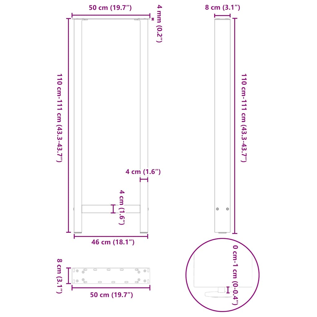 2 db natúr acél bárasztalláb 50 x (110-111) cm
