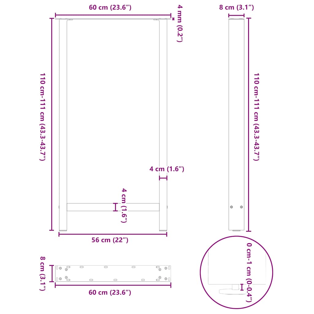 2 db natúr acél bárasztalláb 60 x (110-111) cm