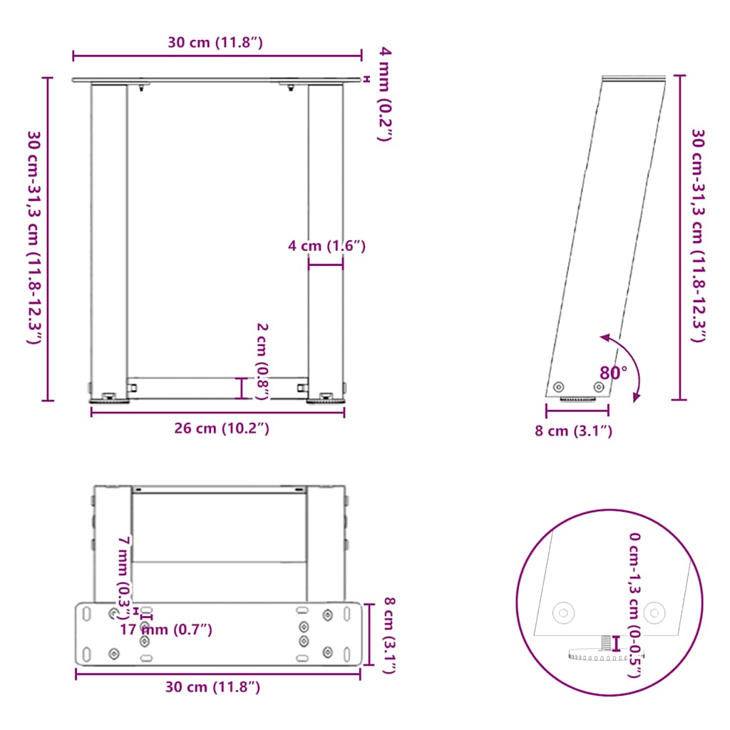 2 db U alakú fehér dohányzóasztal láb 30x(30-31) cm acél