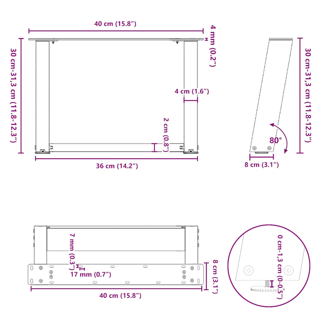 2 db U alakú dohányzóasztal láb fekete 40 x (30-31) cm acél dohányzóasztal láb