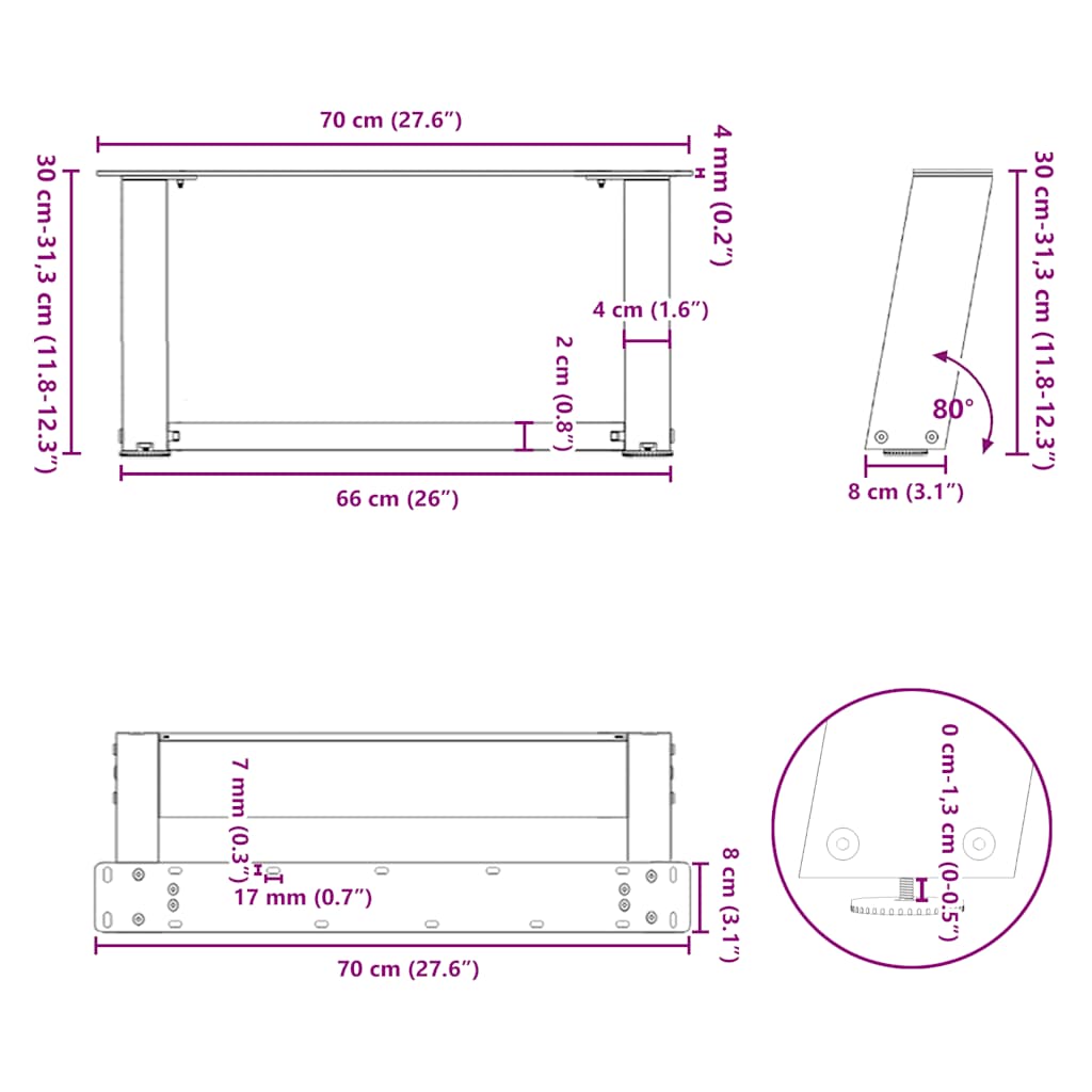 2 db U alakú dohányzóasztal láb fekete 70 x (30-31) cm acél dohányzóasztal láb