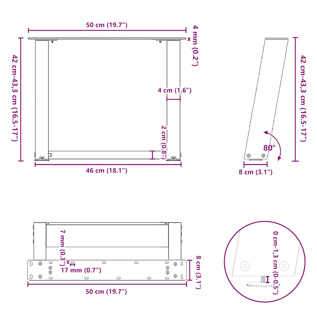 2 db antracitszürke, U alakú acél dohányzóasztal láb 50 x (42-43) cm