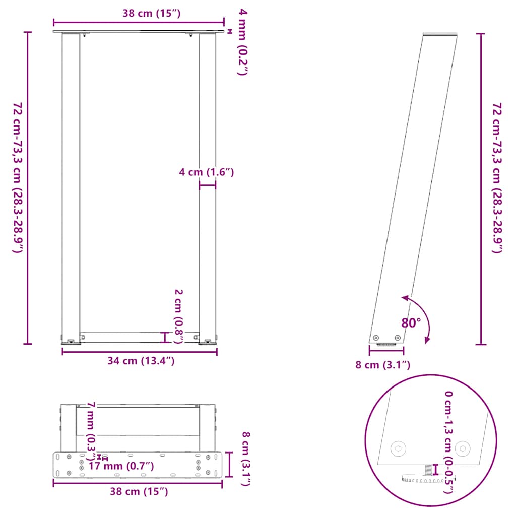 2 db fekete, U alakú acél konzolasztal láb 38 x (72-73) cm