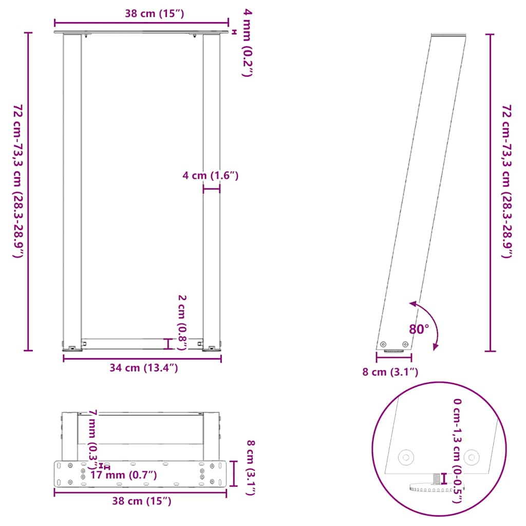 2 db fehér, U alakú acél konzolasztal láb 38x(72-73) cm