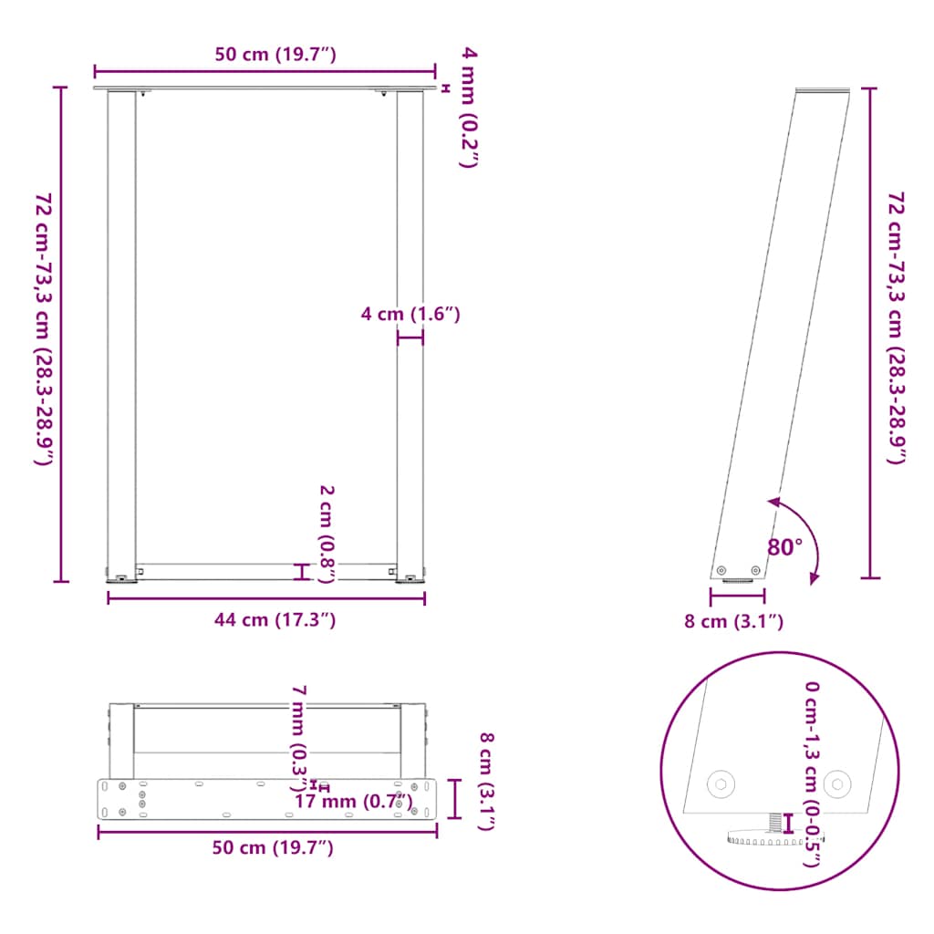2 db U alakú étkezőasztal láb fekete acélból 50 x (72-73) cm