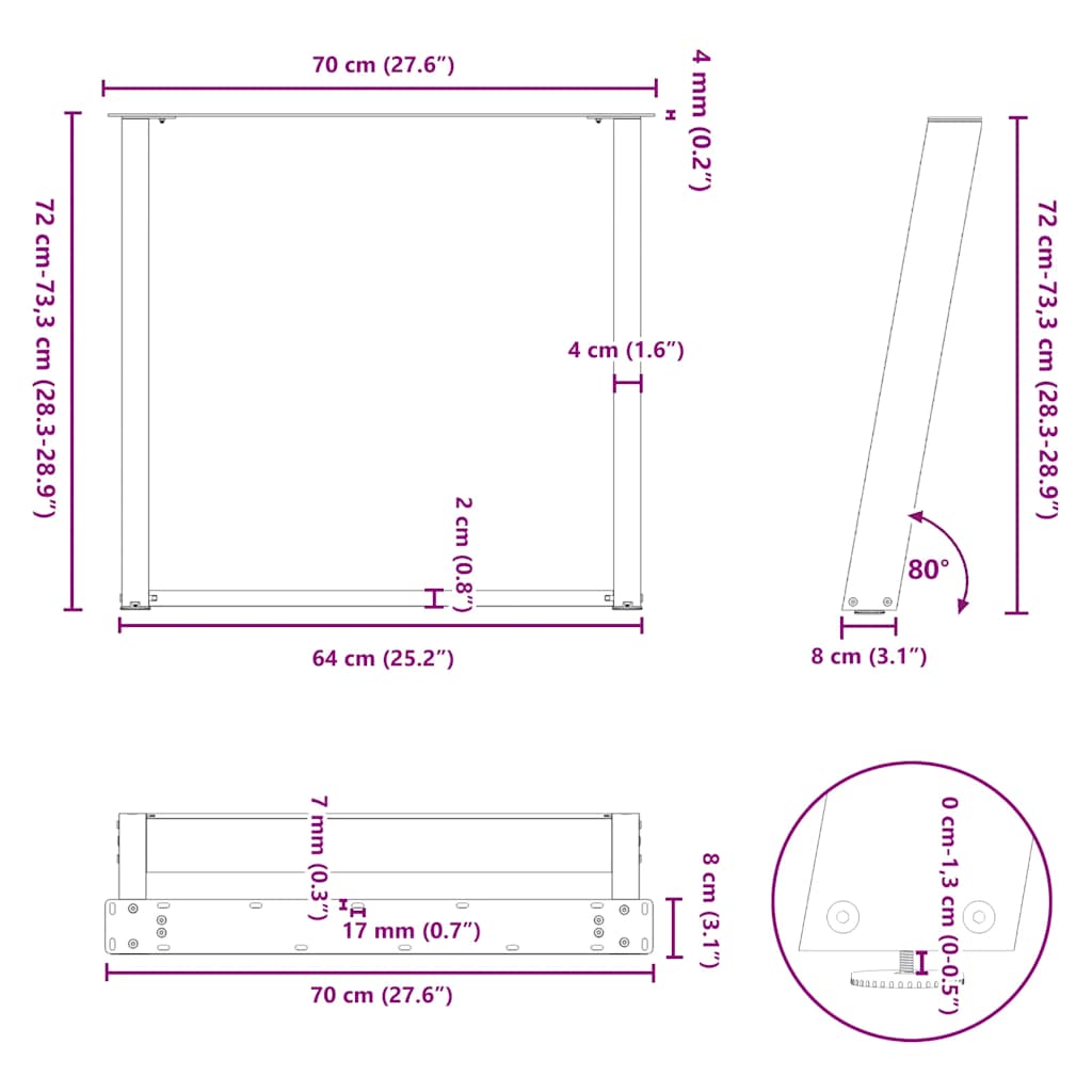 2 db U alakú étkezőasztal láb fekete, 70 x (72-73) cm acél