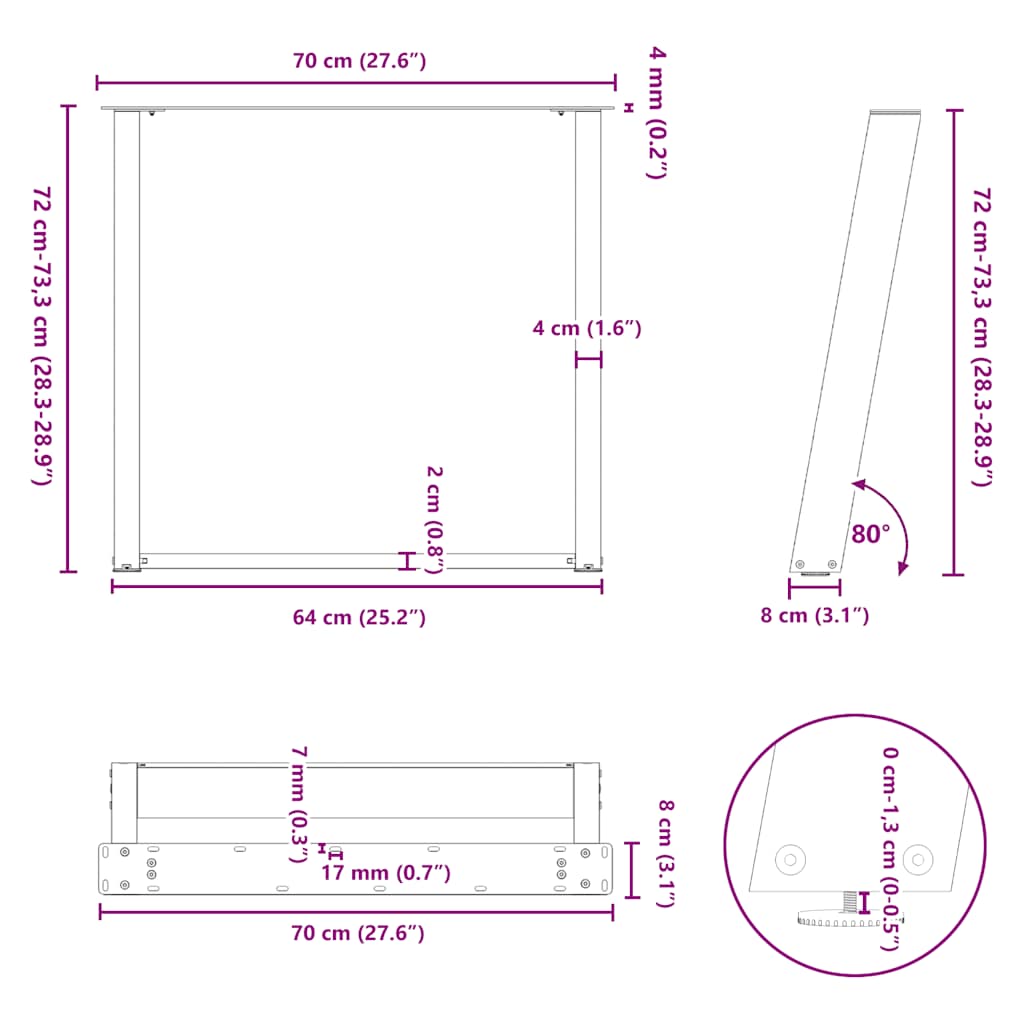 2 db U alakú étkezőasztal láb fehér 70 x (72-73) cm acél étkezőasztal láb