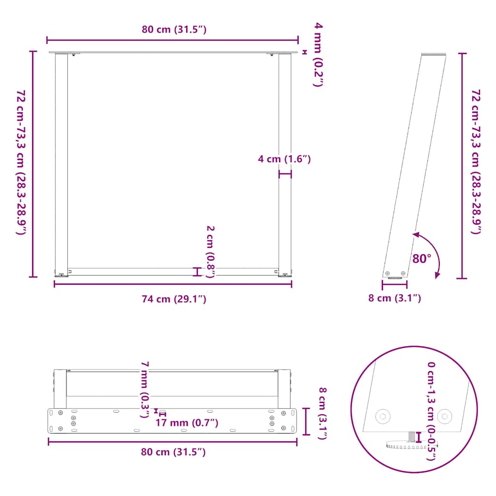 2 db U alakú étkezőasztal láb natúr acél 80x(72-73) cm