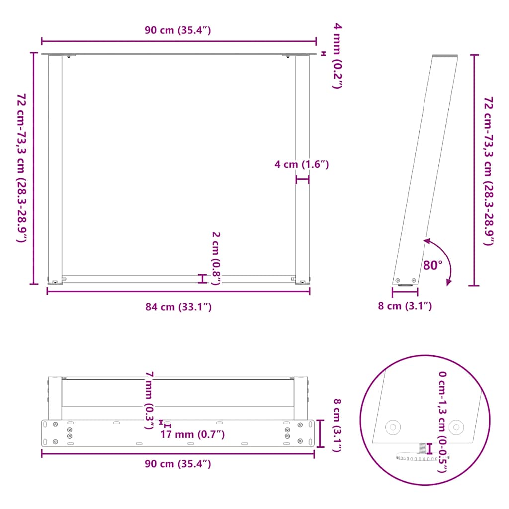 2 db antracitszürke, U alakú acél étkezőasztal láb 90 x (72-73) cm