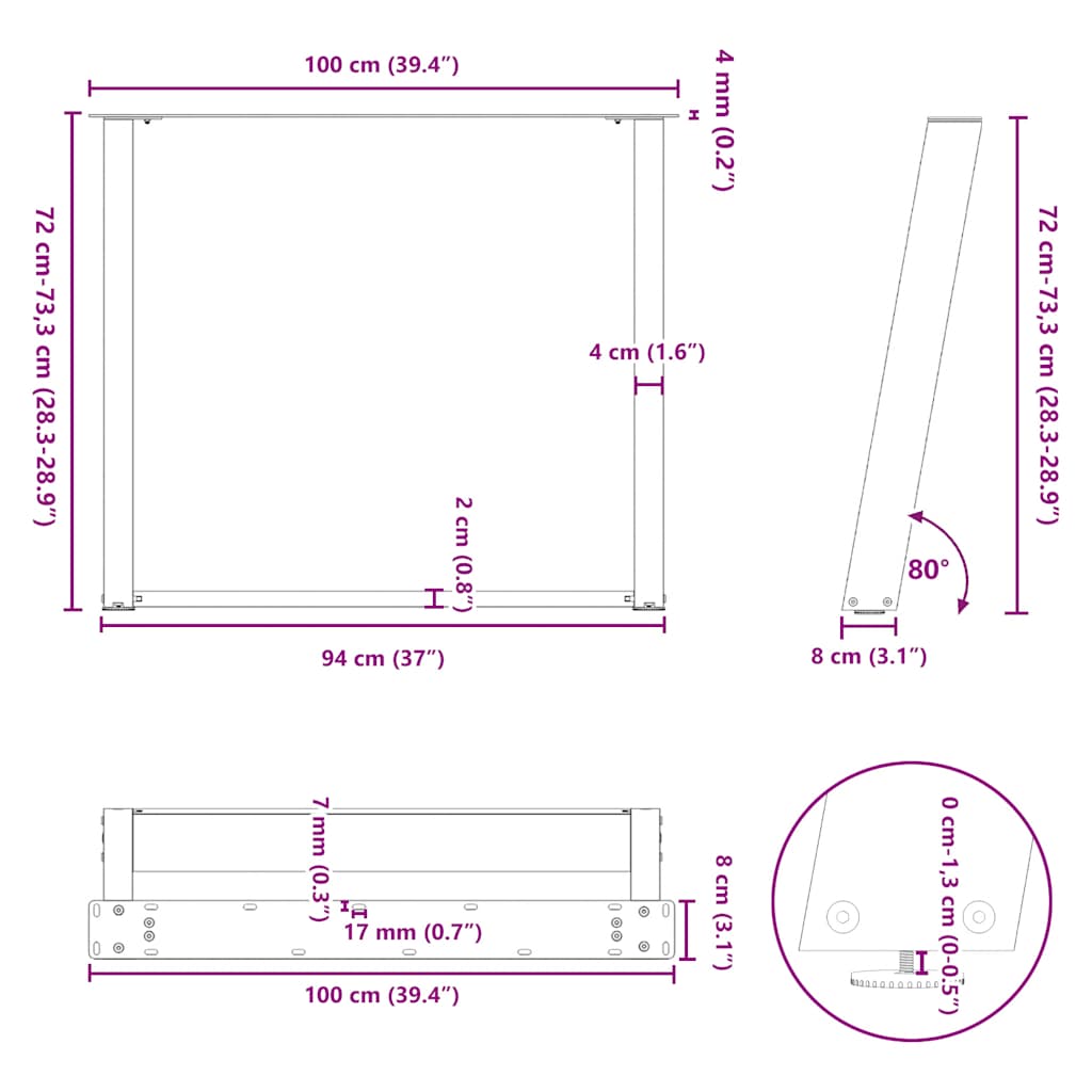 2 db U alakú étkezőasztal láb fekete 100 x (72-73) cm acél étkezőasztalhoz