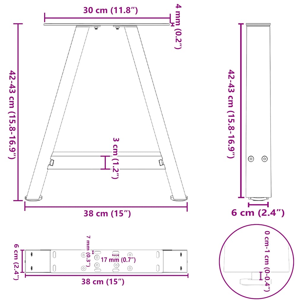 2 db fekete, A-alakú acél dohányzóasztal láb 38 x (42-43) cm