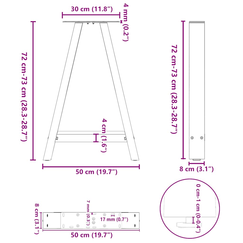 2 db A-alakú étkezőasztal láb 50x(72-73) cm acél