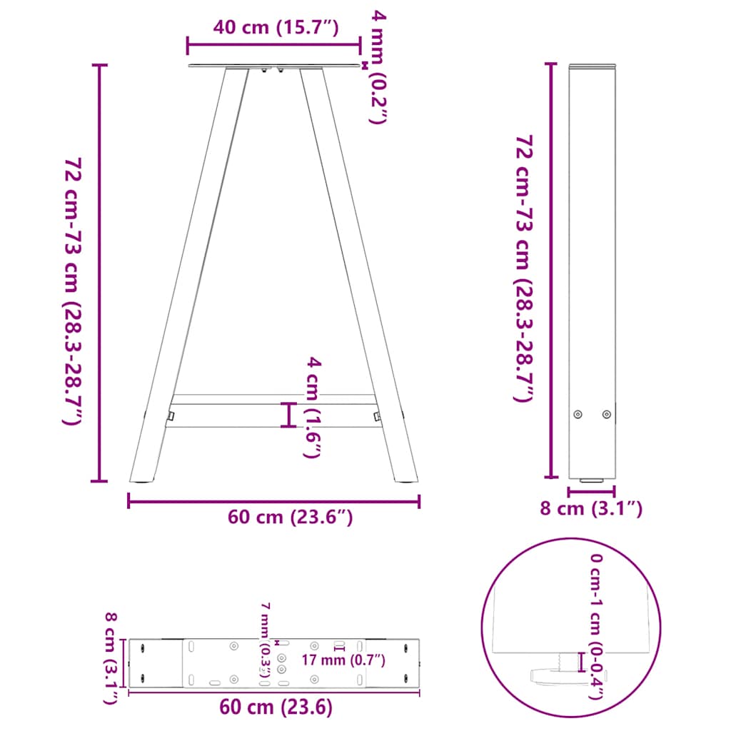 2 db A-alakú étkezőasztal láb 60x(72-73) cm acél