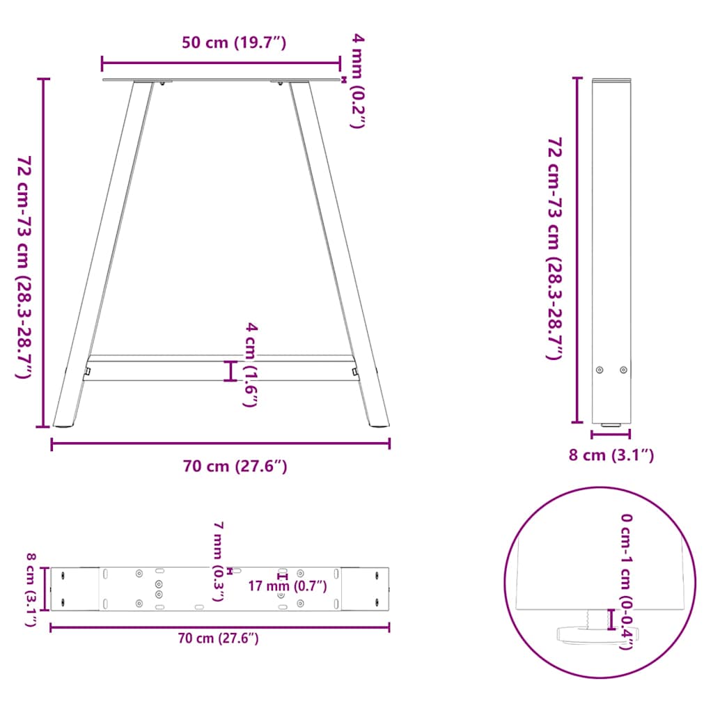 2 db A-alakú étkezőasztal láb fekete 70 x (72-73) cm acél étkezőasztal láb