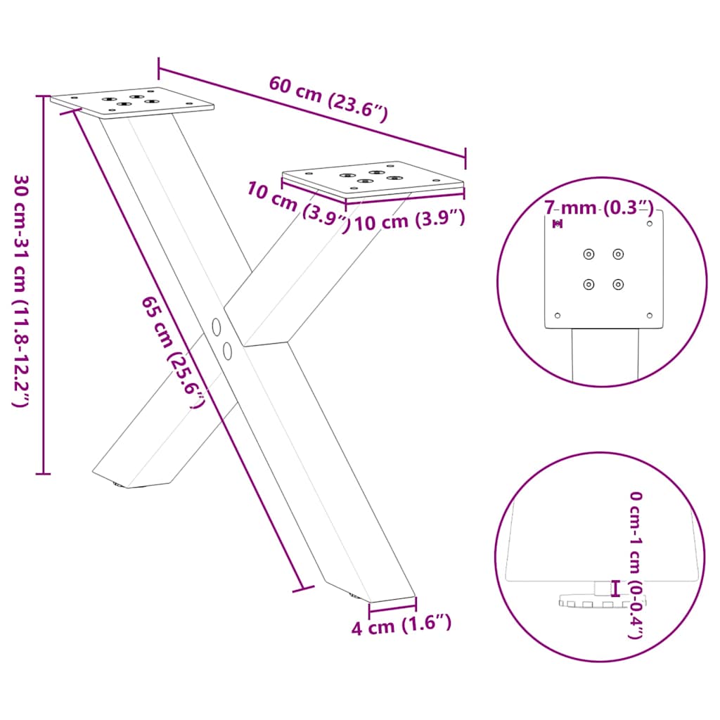 2 db X alakú natúr acél dohányzóasztal láb 60 x (30-31) cm