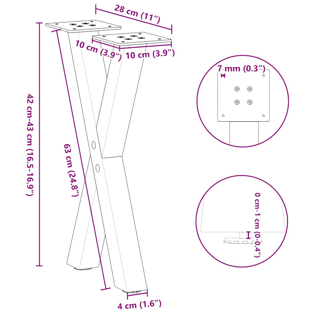2 db antracitszürke X-alakú acél dohányzóasztal láb 28 x (42-43) cm