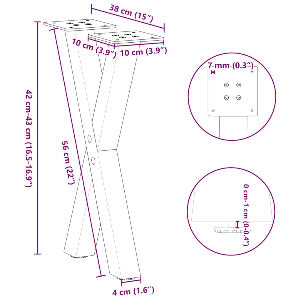 2 db fekete, X alakú acél dohányzóasztal láb 38 x (42-43) cm