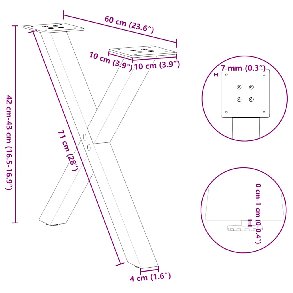 2 db fekete, X alakú acél dohányzóasztal láb 60 x (42-43) cm