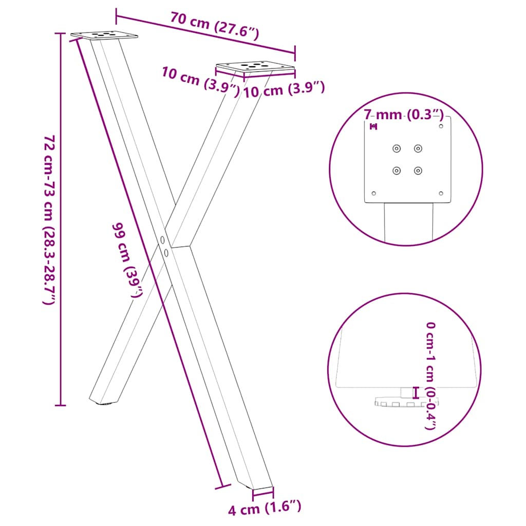 2 db X alakú étkezőasztal láb fekete, 70 x (72-73) cm acél