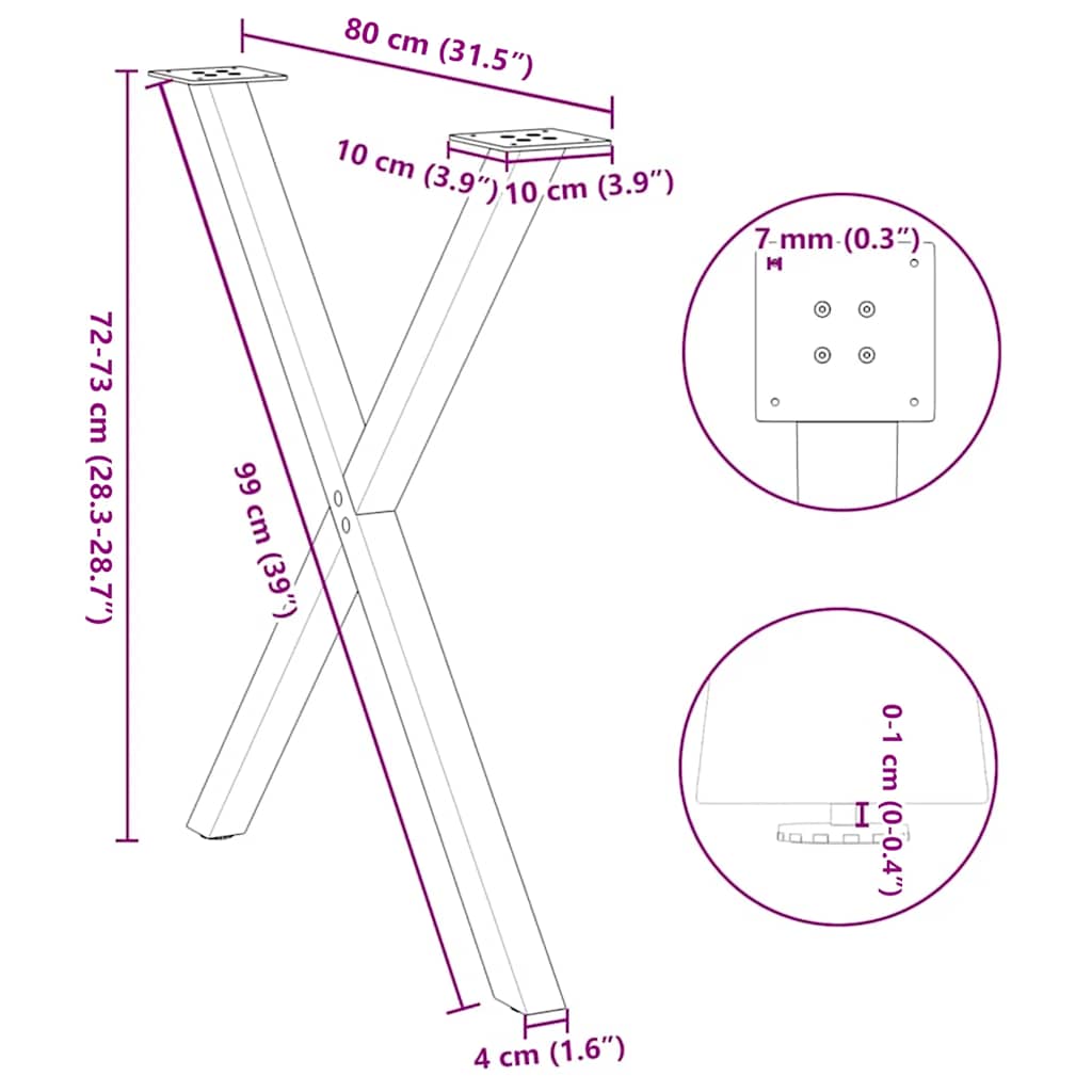 2 db X alakú étkezőasztal láb fekete 80 x (72-73) cm acél étkezőasztal láb