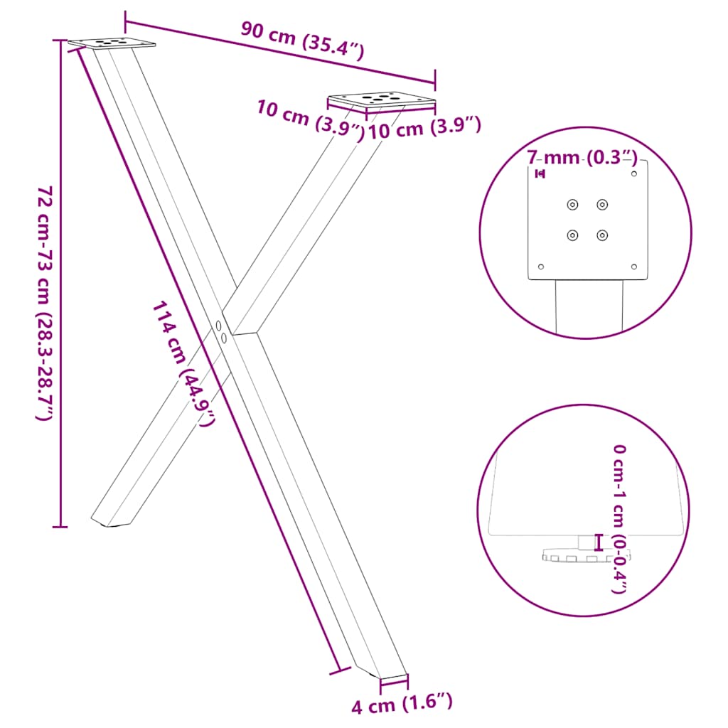 2 db X alakú étkezőasztal láb fekete, 90 x (72-73) cm acél