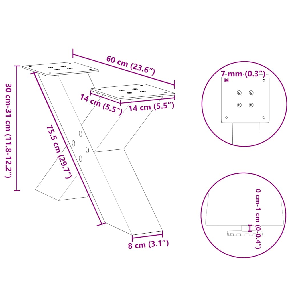 2 db fekete, X alakú acél dohányzóasztal láb 60 x (30-31) cm