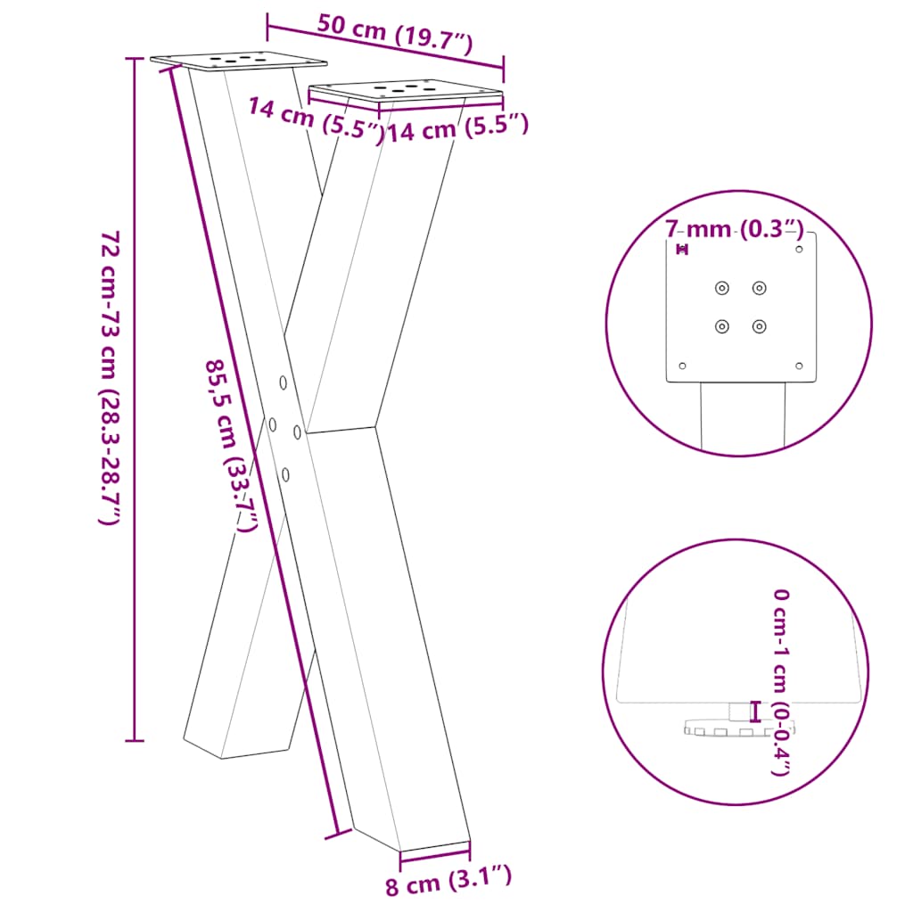 2 db X alakú étkezőasztal láb fekete acél 50 x (72-73) cm