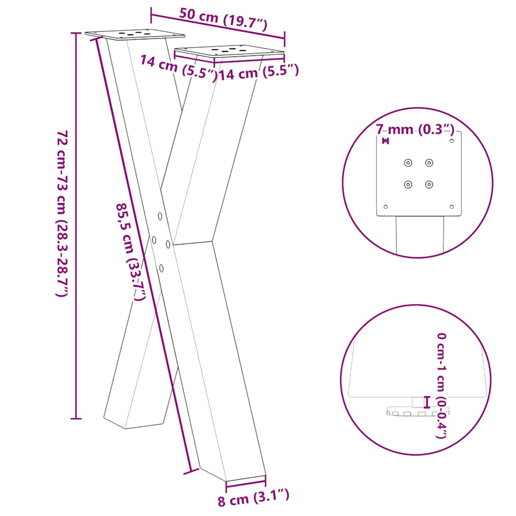 2 db X alakú étkezőasztal láb natúr acél 50x(72-73) cm