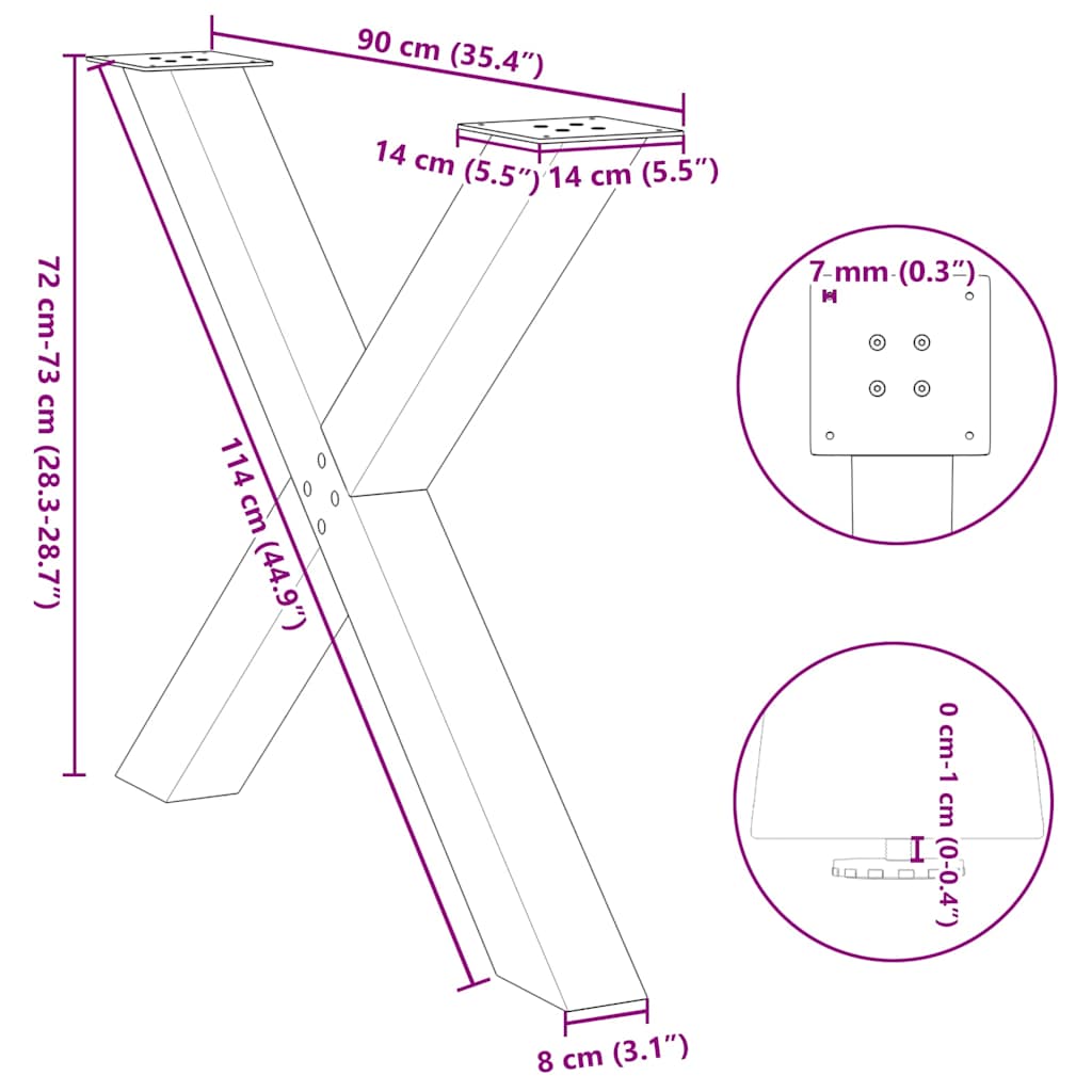 2 db X alakú étkezőasztal láb natúr acél 90 x (72-73) cm acél