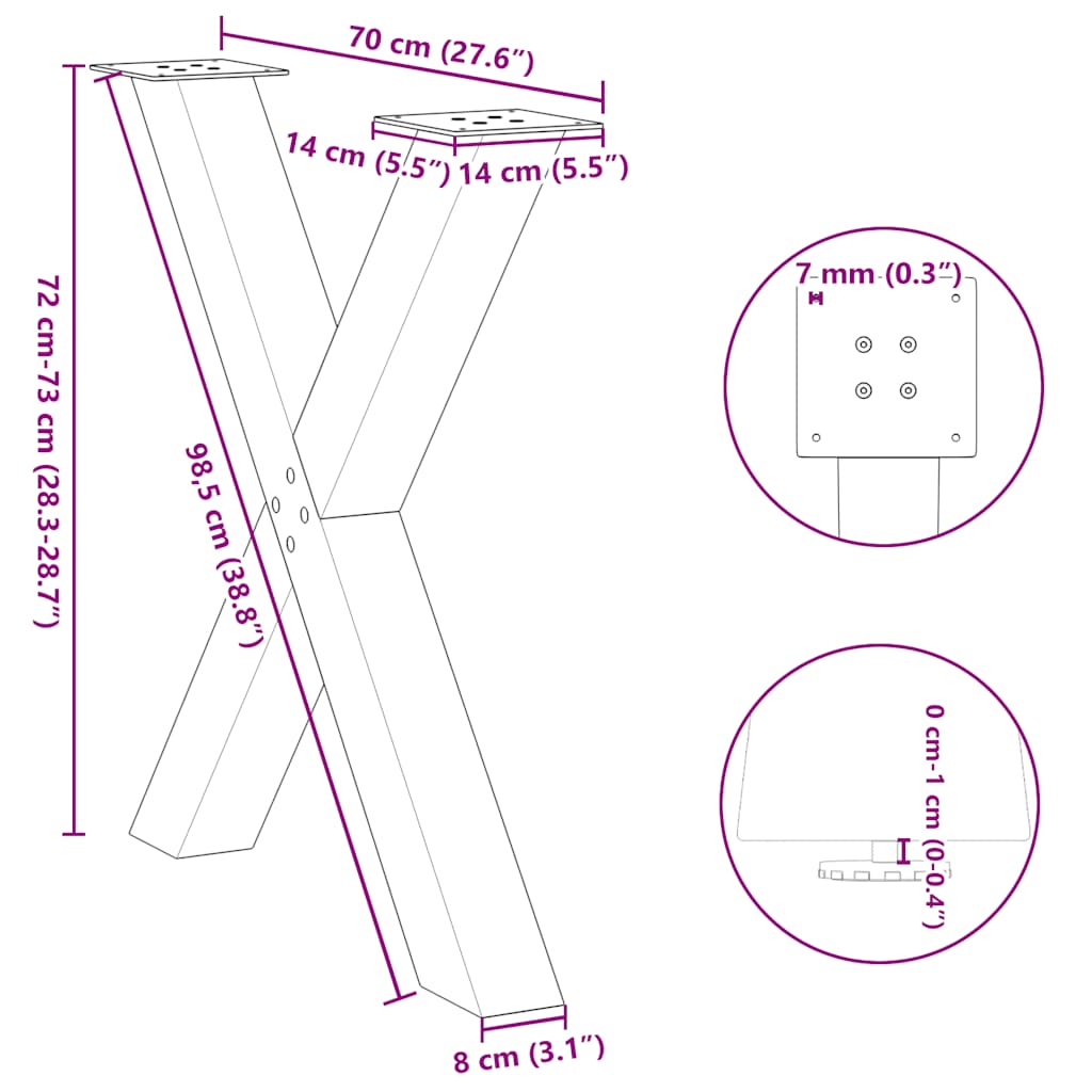 3 db X alakú étkezőasztal láb natúr acél 70x(72-73) cm