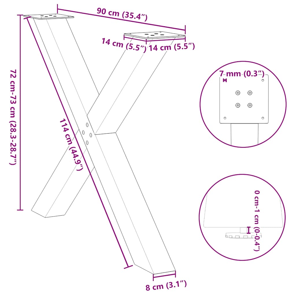 3 db X alakú étkezőasztal láb fekete 90 x (72-73) cm acél étkezőasztal láb
