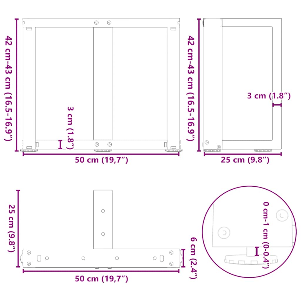 2 db antracitszürke, T-alakú acél dohányzóasztal láb 50x25x(42-43) cm