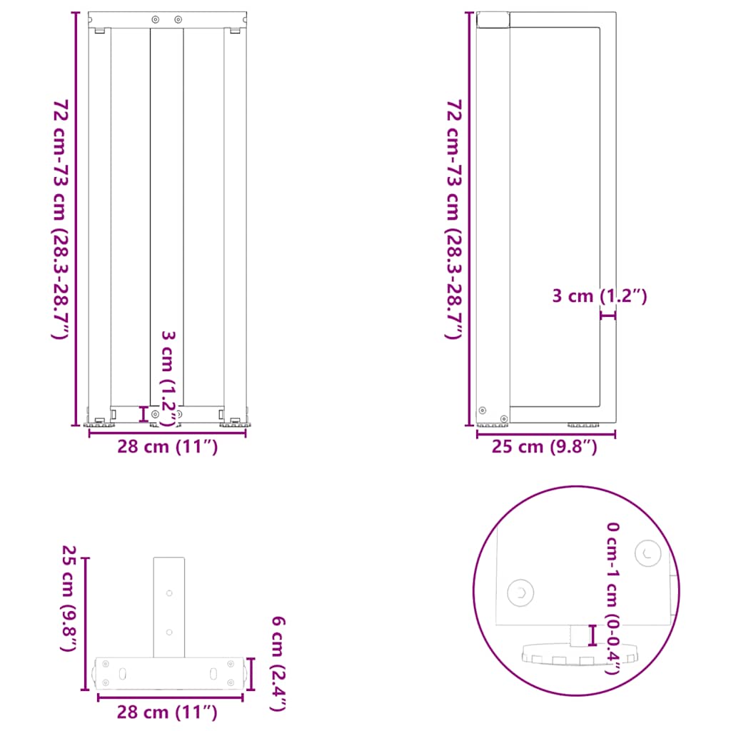 2 db fekete, T-alakú acél konzolasztal láb 25x28x(72-73) cm