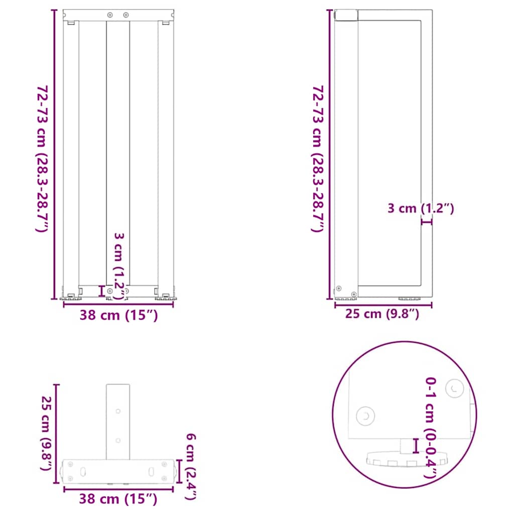 2 db fekete, T-alakú acél konzolasztal láb 38x25x(72-73) cm
