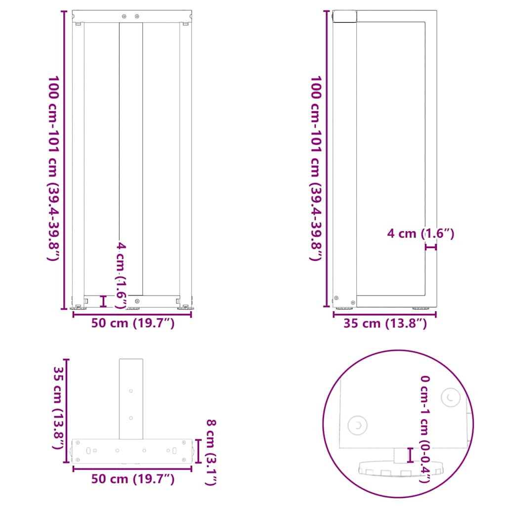 2 db fekete, T-alakú acél bárasztalláb 50x35x(100-101) cm