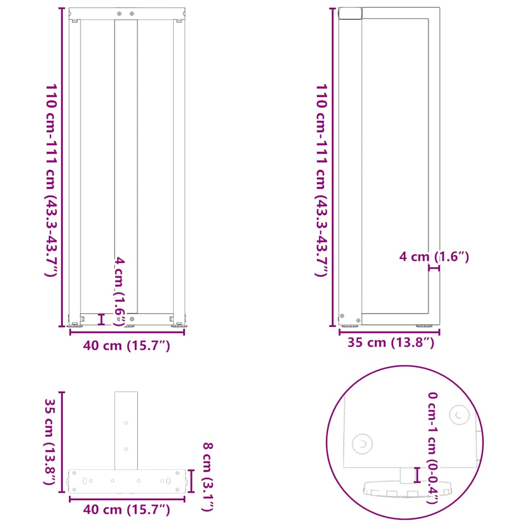 2 db fekete, T-alakú acél bárasztalláb 40x35x(110-111) cm